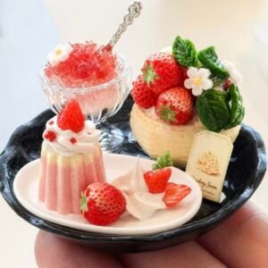Handmade Miniature Dessert - Strawberry Set (Dollhouse Decor, Non-Edible)