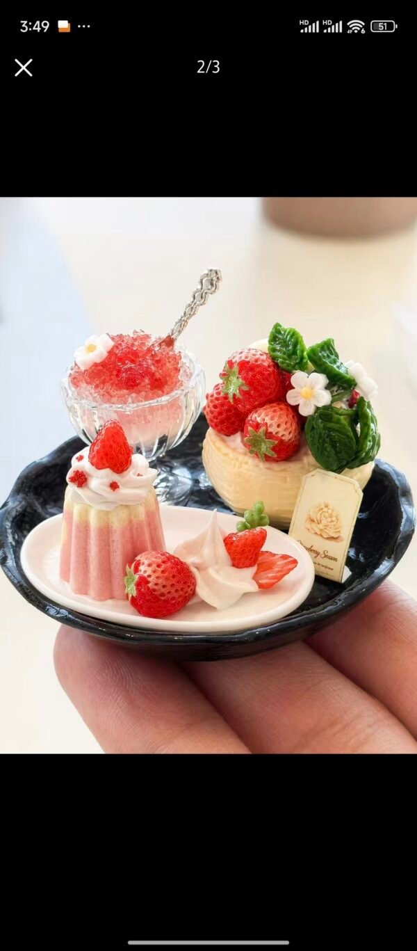 Handmade Miniature Dessert - Strawberry Set (Dollhouse Decor, Non-Edible)